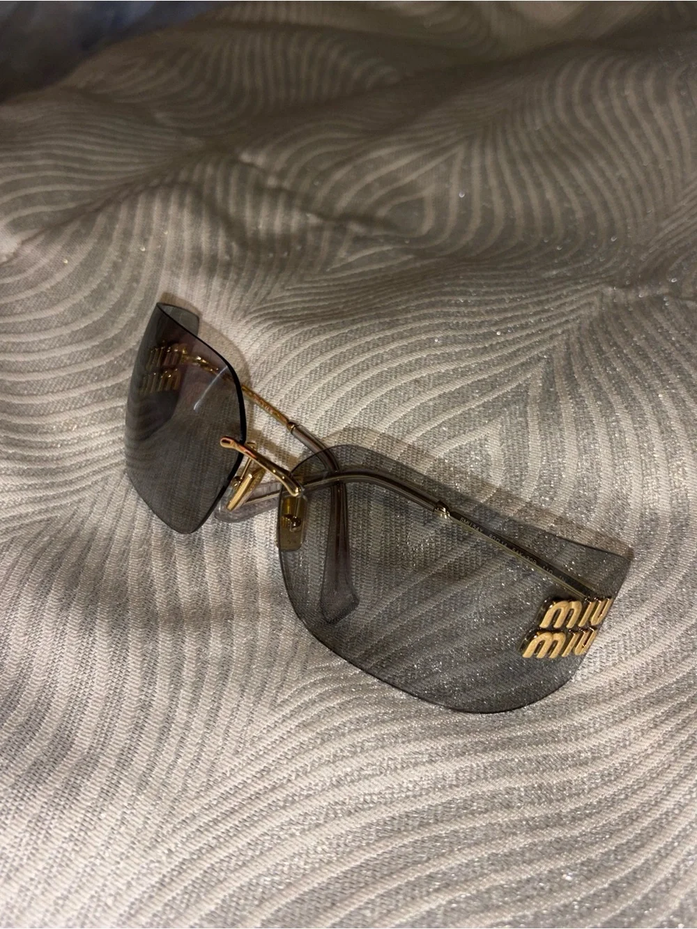 Miu Miu Glitter Rimless Shield Sunglasses - Gray & Gold